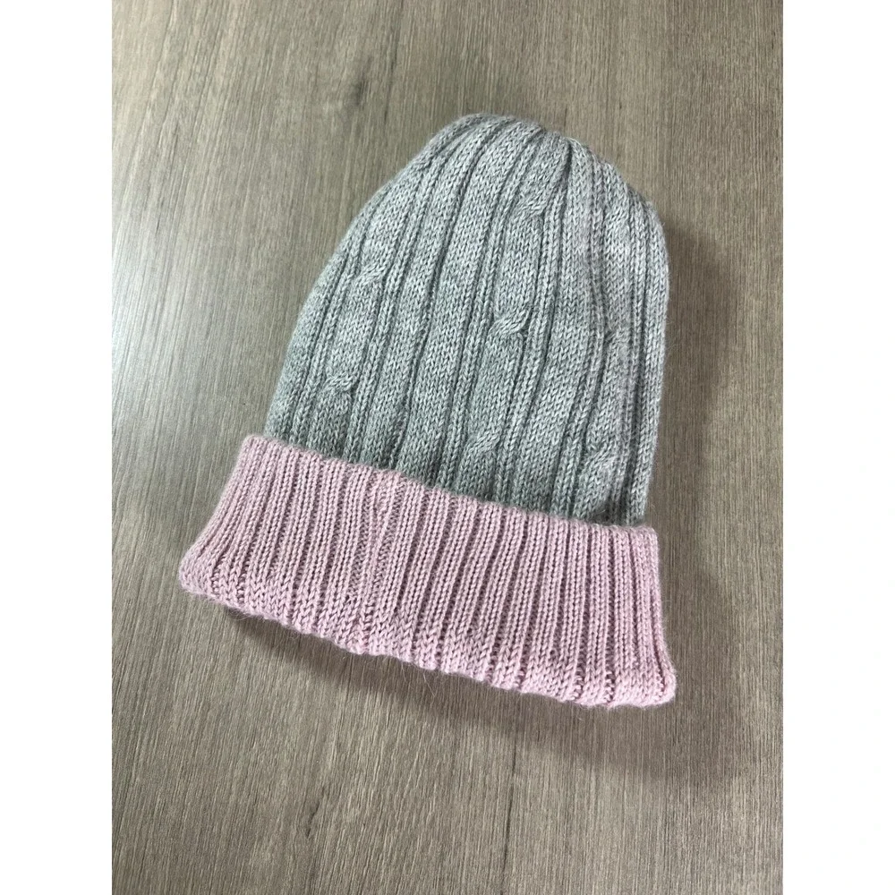 Baby Alpaca Reversible Cable Knit Beanie Pink Gray Made in Peru Winter Hat NWT